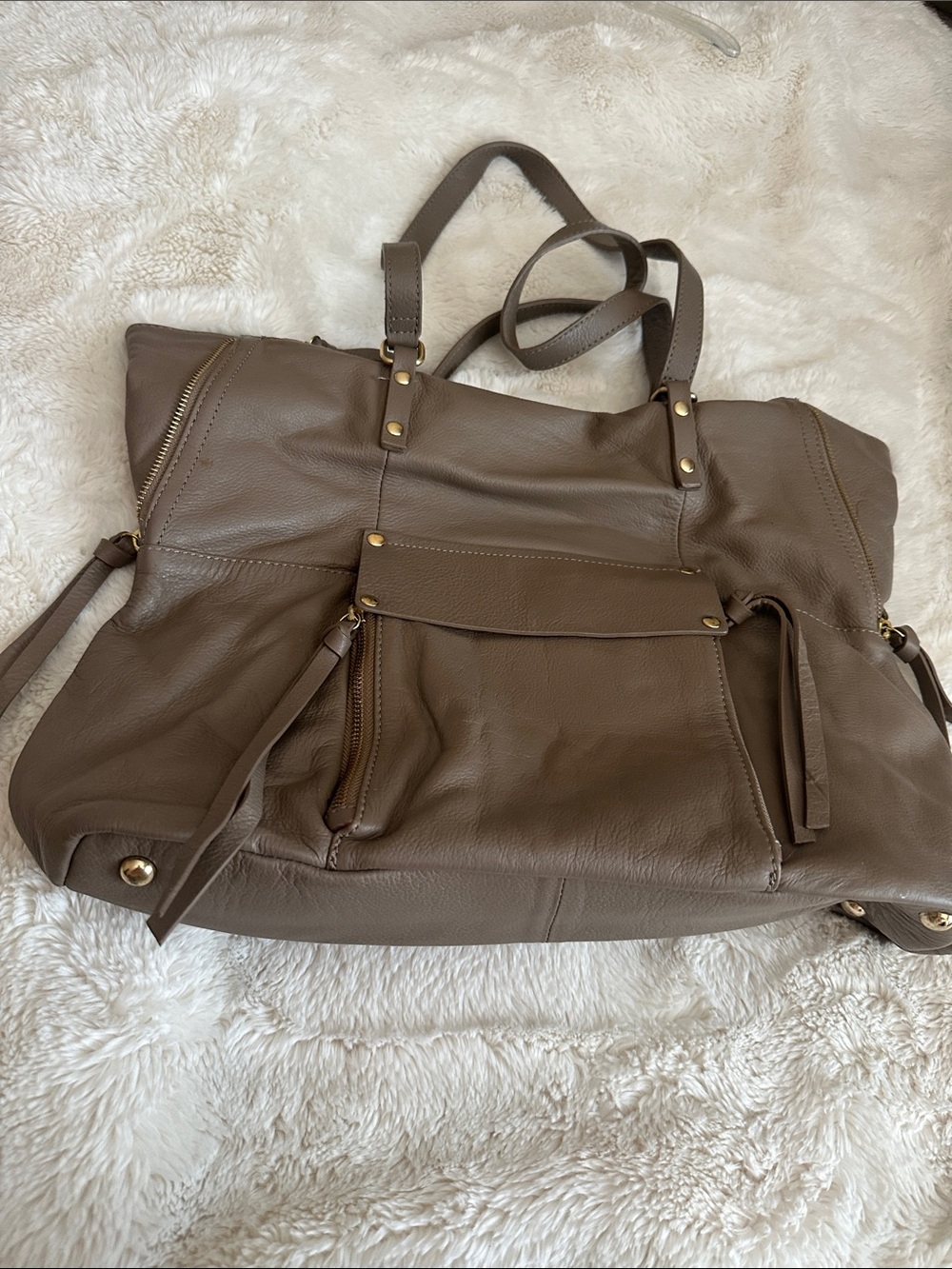 Kooba Taupe Leather Double-Handle Tote with Front Zip Pocket